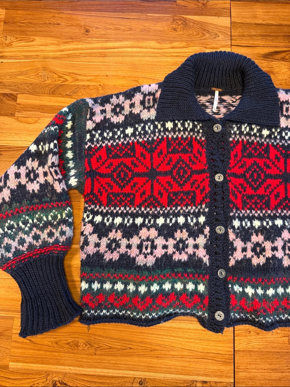 Free People Navy Fair Isle Button-Up Cardigan Sweater.